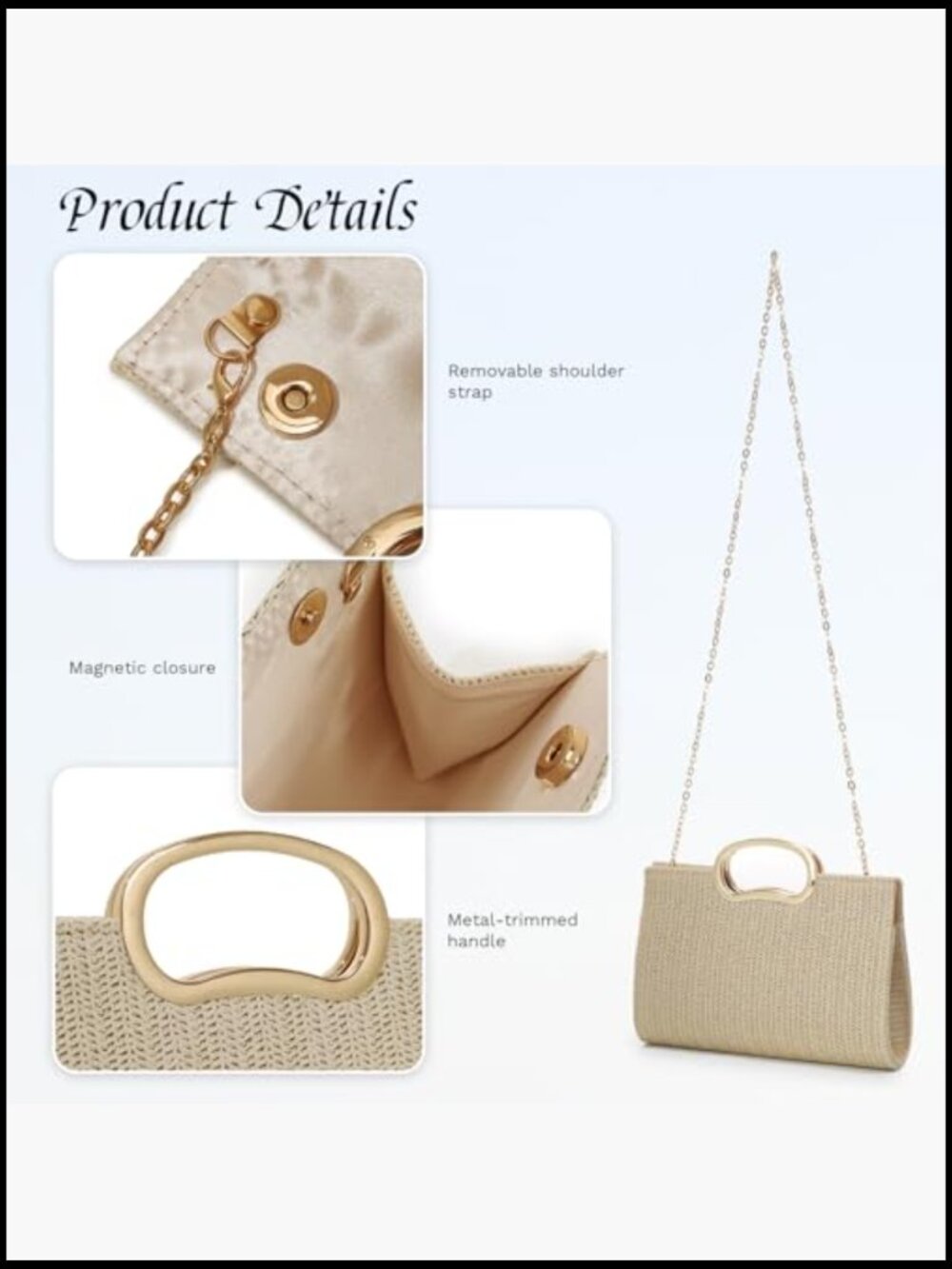 Straw Woven Clutch Purse Evening Bag Beach Vacation Handbag Top Handle Crossbody - Picture 6 of 7